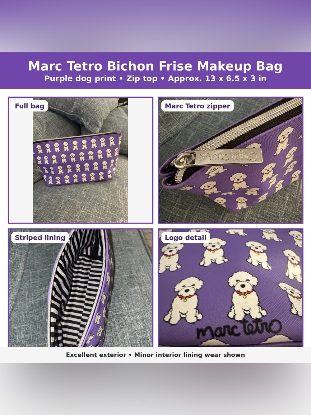 Marc Tetro Bichon Frise Purple Makeup Bag Dog Print Zip Cosmetic Pouch